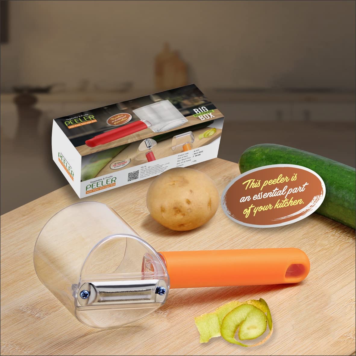 Plastic orange peeler with built-in container for easy fruit and veggie prep