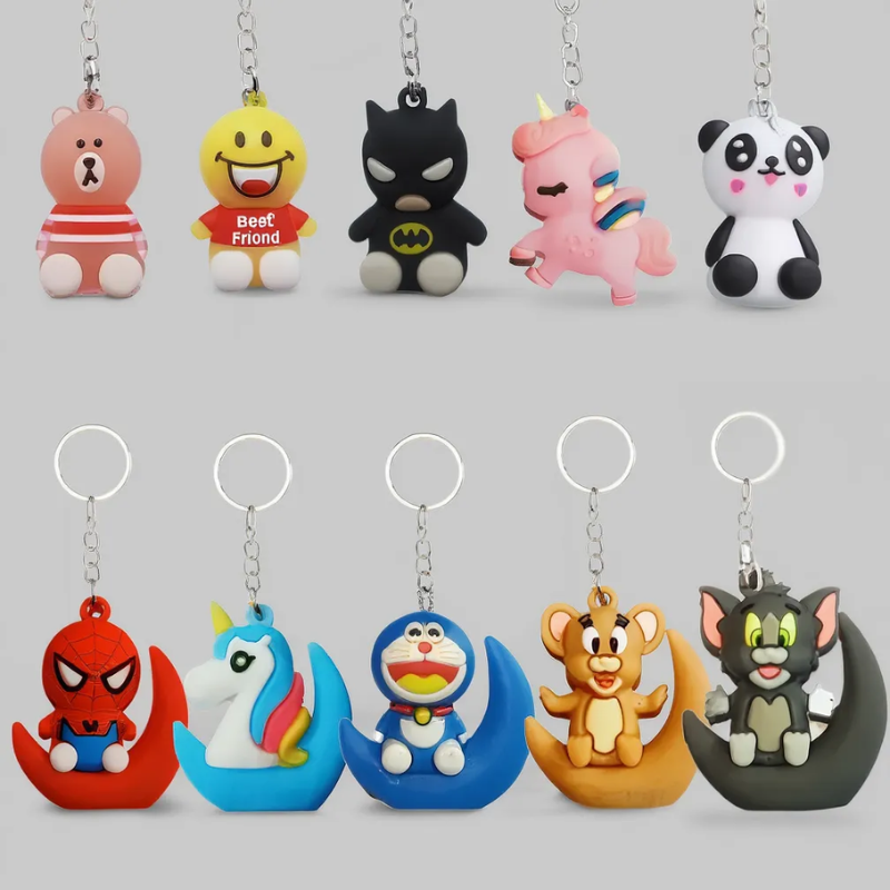 Mini Random Cartoon Keychain Combo – Soft Silicone Characters for Bags, Keys & Gifting (Pack Of 12)