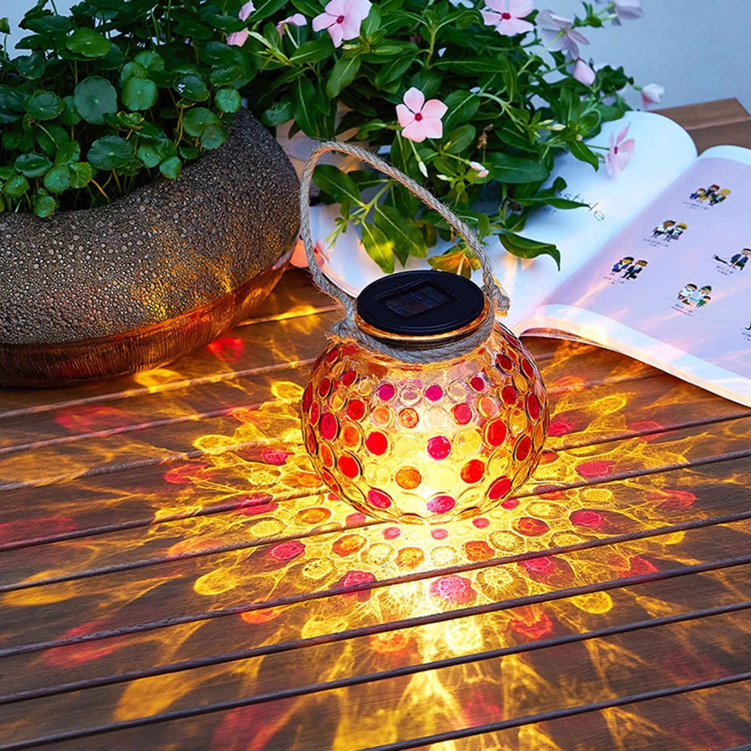 Color-changing LED solar crystal table lamp glowing in the dark, placed on an outdoor table to showcase vibrant multi-color lighting effects - Home Decor Items, Best for Aesthethic Decor - Lowest Price on the Internet 