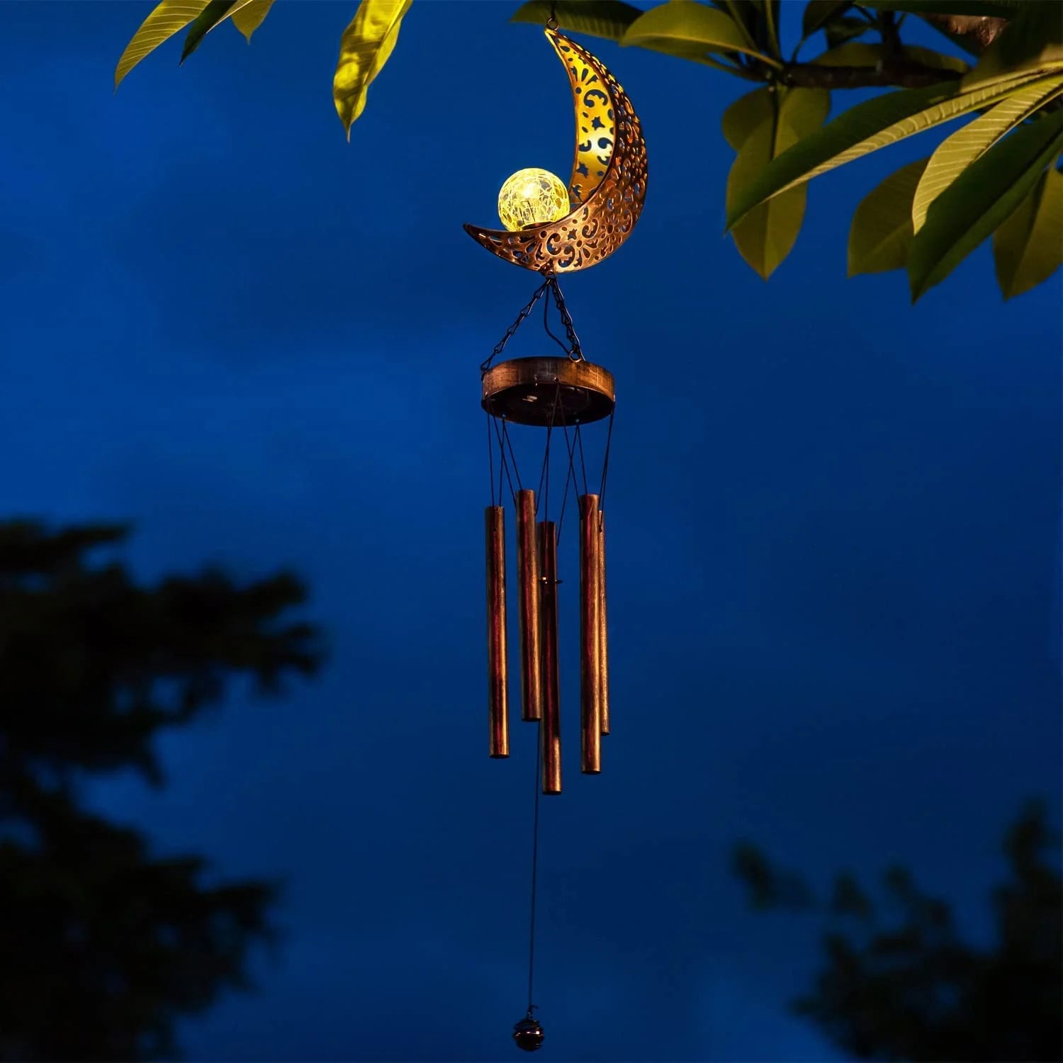 solar-powered moon wind chime with crystal LED ball
