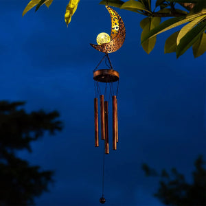 solar-powered moon wind chime with crystal LED ball