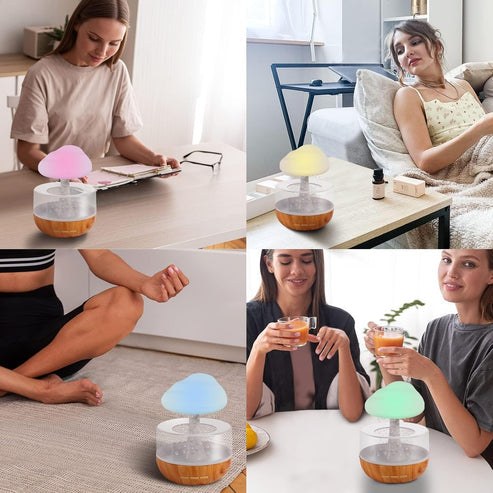 Soothing cloud-shaped humidifier in night light mode with gentle mist for sleep and relaxation
