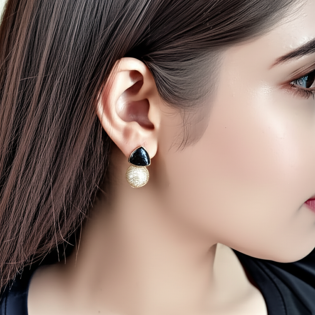 Triangle & Gold Mesh Drop Earrings - Statement Pearl Sphere Dangle Jewelry(Random color-1 Pair)
