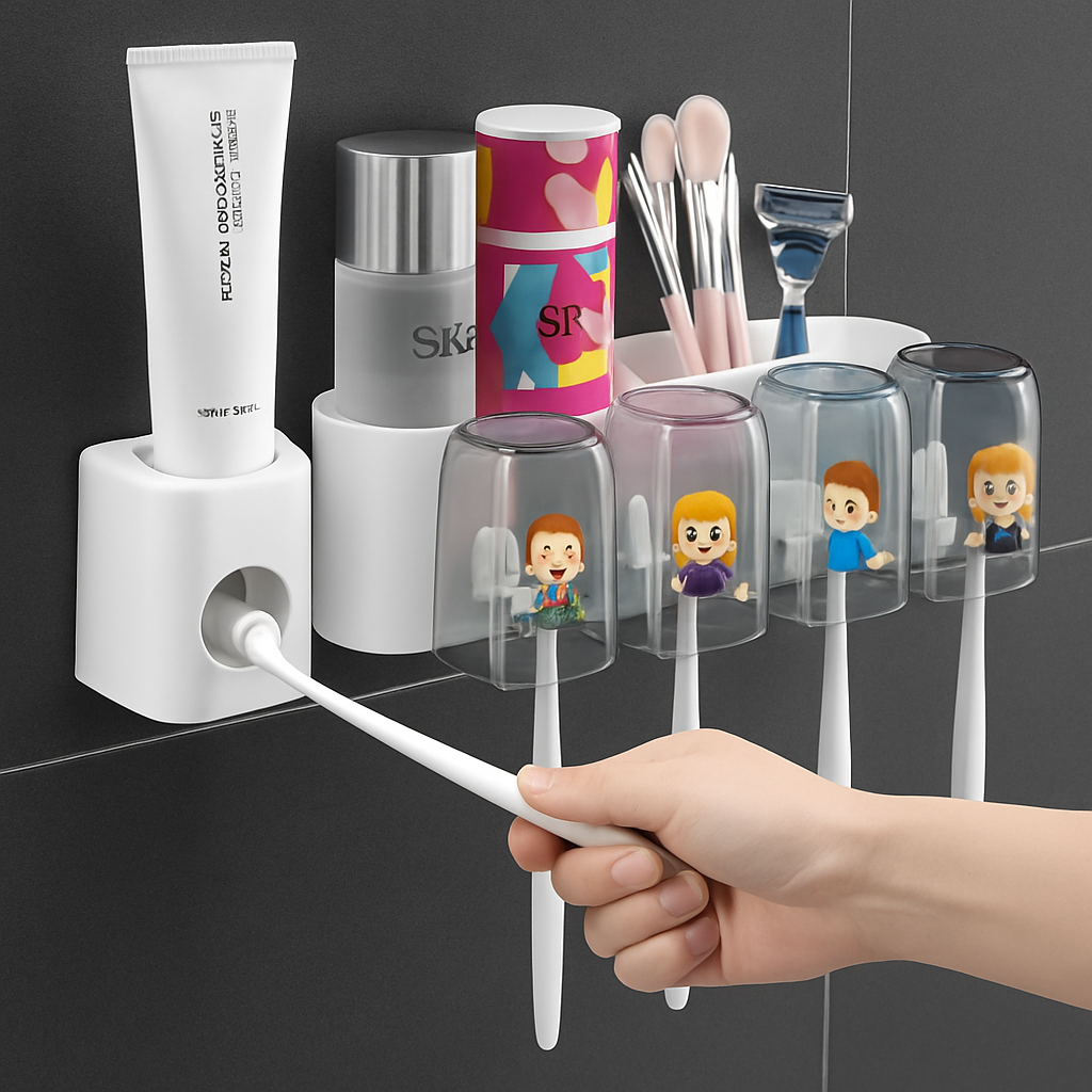 Wall-Mounted Plastic Bathroom Organizer – 8 Toothbrush Holders with 4 Cartoon Cups & Storage Rack, White Bathroom Shelf for Kids & Family