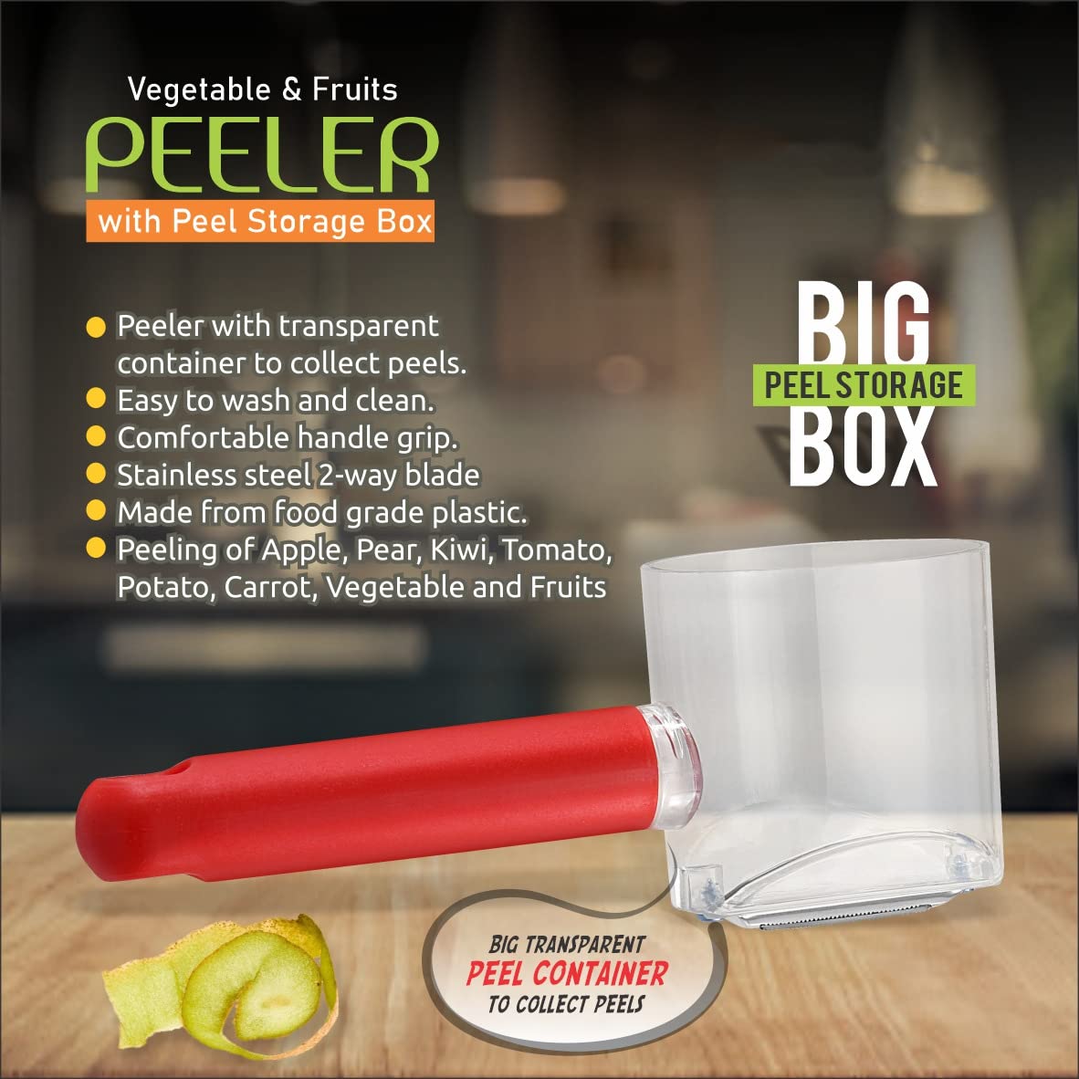 Handy vegetable peeler with container and handle for mess-free slicing