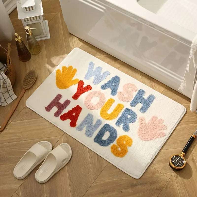 Wash Your Hands Pattern Non-Slip Bathroom Mat 40 cm x 60 cm, Comfortable Durable Machine Made Polyester, PVC Backing, Perfect for Modern Bathroom