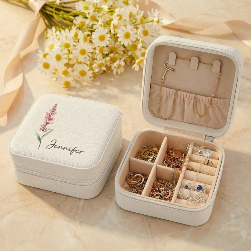 Custom Birth Flower Jewellery Box – Personalized Leather Travel Jewellery Organizer