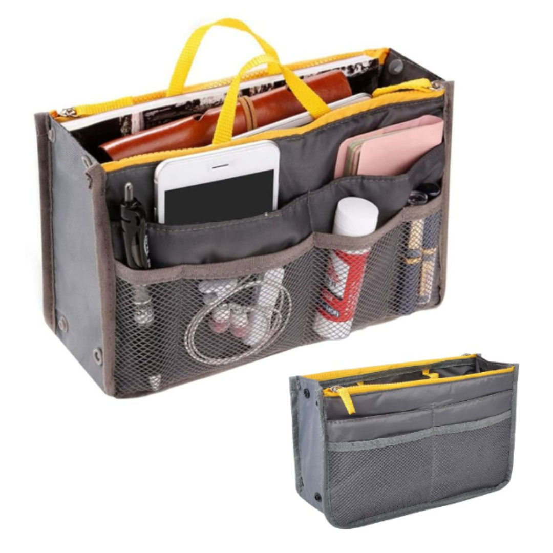 Folding Toiletry Bag – Women’s Handbag Organizer Insert with 13 Pockets, Large Capacity, Zipper Closure & Handle (Portable Travel Organizer)