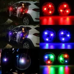 Wireless car door light of red and blue color are installed in 2 different cars.