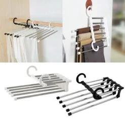 5 in 1 Rack Stainless Steel Cloth Hanger is used to organize clothes in a wardrobe.