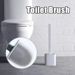Silicone flex toilet brush with holder placed besides a toilet seat in the bathroom.