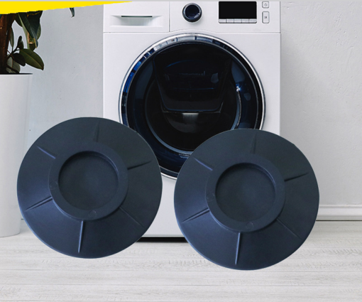 Pictures of 2 anti-vibration rubber mats for washing machines is shown in front of a washing machine. The pictures of anti vibration rubber mats for washing machines are closely shooted and appears in big size for better understanding of the product.