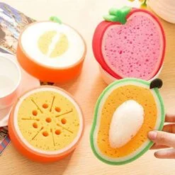 Multiple fruit shaped reusable sponge is given.