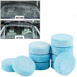At the top, before and after picture of car glass is shown. At the bottom, picture of multiple blue color glass cleaning tablet is shown.
