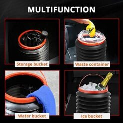 Multipurpose, foldable dustbin for car is being used as a storage bucket, waste container, water bucket, and ice bucket.