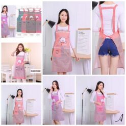 Multiple images from different angles are shown of a girl wearing flower print kitchen cooking apron.