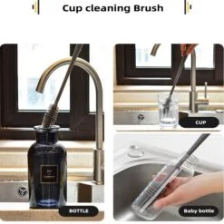 On the left hand side, silicone bottle brush cleaner is used to clean a bottle. On the right hand side silicone bottle brush cleaner is used to clean a cup and a baby bottle.
