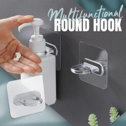 2 sticky hanging hooks are mounted on a wall. One liquid dispenser is inserted in one of the sticky hanging hooks to show case how it will look if you buy hooks online from here.