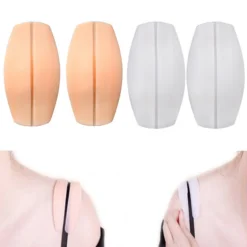 2 nude color silicone bra strap cushions and 2 white silicone bra strap cushions are shown. Also, how to use it is shown.