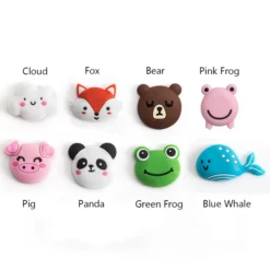 Silicone door crash pad are shown in cloud, fox, bear, pink frog, pig, panda, green frog, and blue whale pattern.