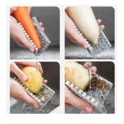 Vegetable Scrubber Brush is used to clean four different vegetables.