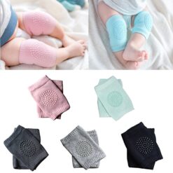 One baby is pictured wearing pink color knee pads for crawling. Another baby is wearing blue color knee pads for crawling. At last different color anti slip crawling knee pads are shown such as dark grey, pink, light grey, blue, and black.