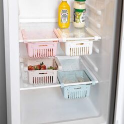 4 different colors expandable fridge tray is installed in fridge.