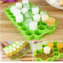 Green color honeycomb ice mold is shown in picture along with ice.