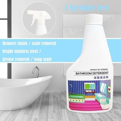 A bathroom fitting cleaner bottle is placed near wash basin.