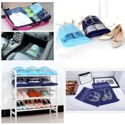 Portable travel shoe bag of different colors are shown along with different locations where it can be used like travelling, in car, and even on shoes stand.