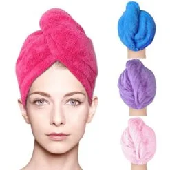 Woman wearing pink color towel hair wrap. Blue, purple, and light pink color towel hair wrap are also shown.