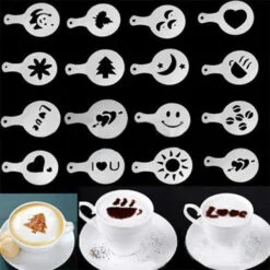 16 pieces coffee art stencils along with 3 coffee cups where different coffee design stencils are used.