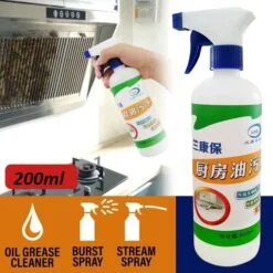 Kitchen oil & grease stain remover bottle and a person removing grease with the same bottle.