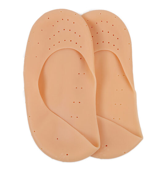 A pair of silicone socks for dry feet is shown.