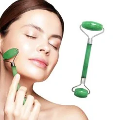 Lady is using facial massage jade roller on her face on the left hand side and a single picture of facial massage jade roller on the right hand side.