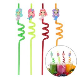 4 different color, cartoon print plastic drinking straw.