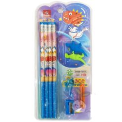Dinosaur print pencil and rubber set in a plastic packet.