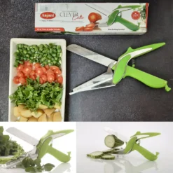 Green color multipurpose clever cutter is placed along with chopped vegetables tray.