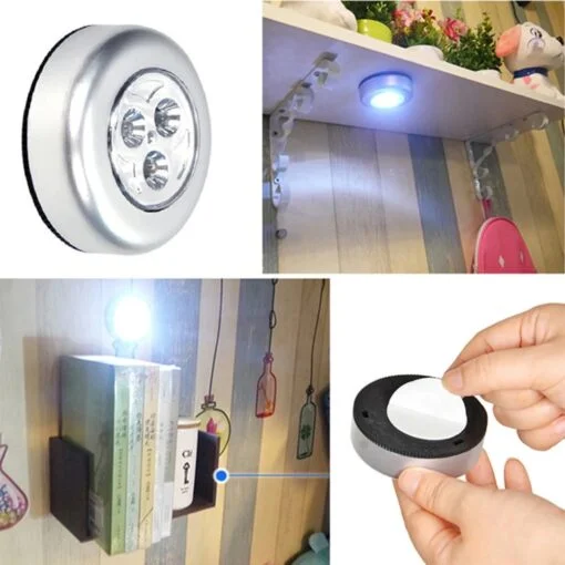 On the left top, 3 led push light picture is shown. On the right top, the picture shows led push light mounted under a wall-mounted shelf rack. On the left bottom, led push light is placed on a wall above the books rack. On the right bottom, the picture shows how to stick the round led push light by removing the stickers from the back of it.