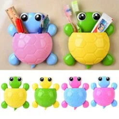 Blue and pink color tortoise toothbrush holder is used to store stationaries while green and yellow color tortoise toothbrush holder is used to store toothpaste and toothbrushes.