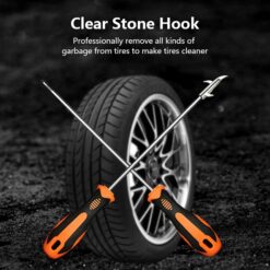 A tyre along with 2 different tyre stone removing tool with orange and black color handle.