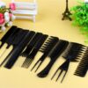 Styling comb set consisting of 10 different black color combs are placed on a table next to flowers.