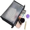 Black and grey color zipper toiletry bag filled with cosmetics.