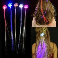 5 Different color led hair braid is shown in dark. 2 different girls have applied led hair braid in different style.
