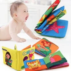 A baby is surrounded by several fabric activity book.