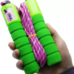Green color handle rope with counter is held by a person.