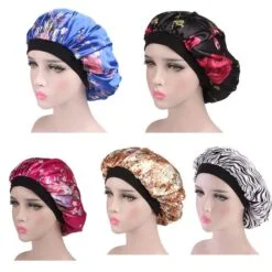 5 different color and print satin bonnet cap is being worn by 5 different statues.