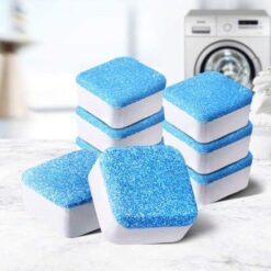White and blue color deep cleaning washing machine tablets.