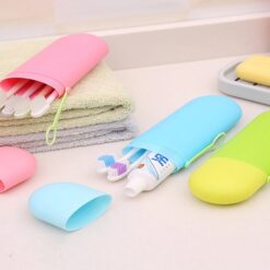 Toothbrush and toothpaste travel case is presented in pink, blue, and green color.