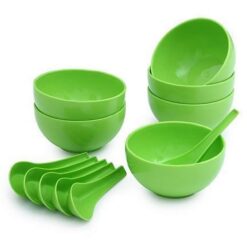 6 Green color soup bowl and spoon set.